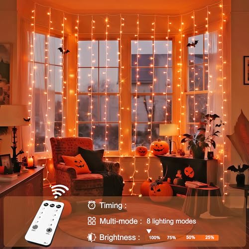 Image of JMEXSUSS 300LED Orange Halloween Curtain Lights with Remote, 9.8x9.8ft