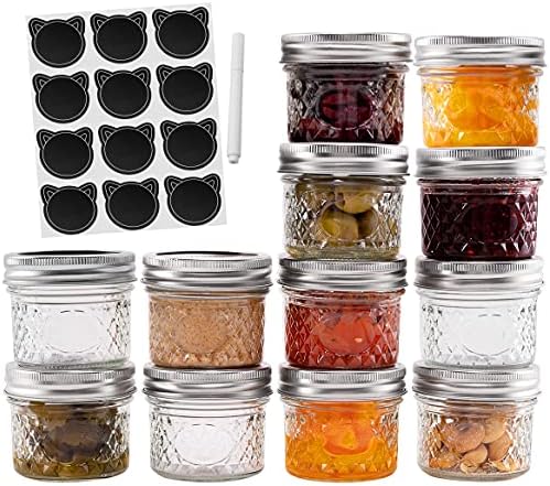 Asani Set of 12 Regular Mouth Mini Mason Jar with Airtight Lids & Bands, Quilted Crystal Glass Storage Jars for Storing Food, Jam, Butter, Crack Proof, Food-Grade Glass, 4oz