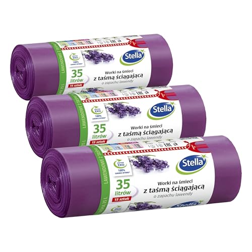 STELLA 009893 Müllbeutel mit Zugband 35 L | 15 Stück | Lavendelduft | Müllsack Mülltüte Abfallsäcke für Den Hausmüll Büro aus LDPE-Folie Hergestellt/aus Regranulat Farbe: Lavendel/Violette