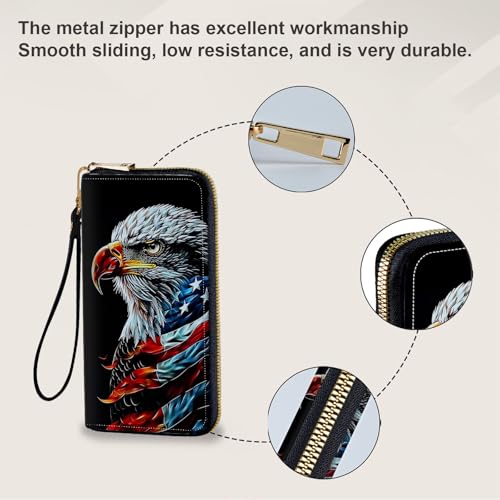 Women's Card Holder Wristlet Wallet, Convenient Travel Long Wallet with Strap and Pink Compact Mirror, Fashion and Sturdy Wristlet Long Purse for Women, American Flag Eagle4