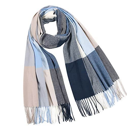 YOLAI Women's Tassel Plaid Scarf Thick Warm Shawl Winter Thermal Scarves (Blue, One Size)4