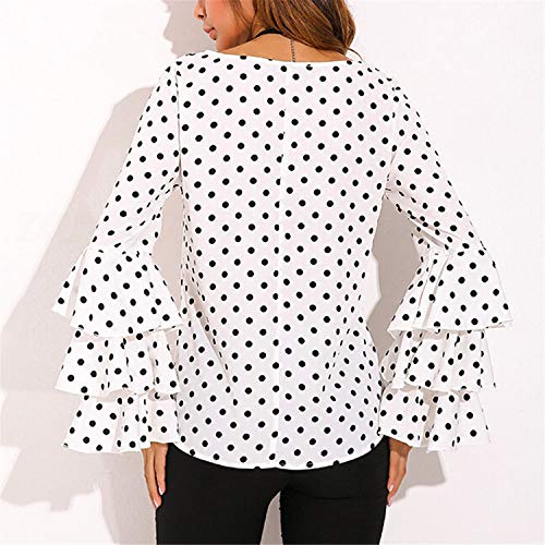 Work Blouses For Women Office Long Sleeve Polka Dot Print Tshirts Fashion Ruffle Sleeve Dressy Tops (White, M) #TOP3