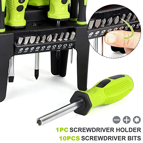 Image of FASTPRO 21-Piece Magnetic Screwdrivers Set with Organizer Rack, Slotted Phillips Screwdrivers and Precision Screwdrivers, Repair Tool Kit for Home, Green