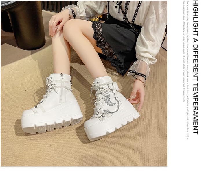 Cute Emo Combat Boots for Women Platform Chunky Grunge Goth Rave Punk Booties Wedge High Heels with Chains Stars Moon Non Slip Shoes Y2K Fashion Streetwear Parties Spring Summer Fall Outdoors3