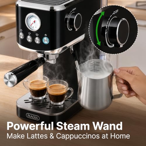 Image of Zulay Kitchen Magia Compact Espresso Machine - 20 Bar Coffee Maker with Milk Frother Steam Wand, Latte & Cappuccino Maker, 1350W Fast Heating, 40oz Removable Water Tank, Stainless Steel - Black