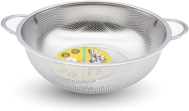 STL Steel Colander with Double Handles 31.5cm, Micro-Perforated for Draining Pasta, Rice, Fruits, Vegetables, Dishwasher Safe Kitchen Strainer, Metal Food Filter, Easy to Clean and Durable