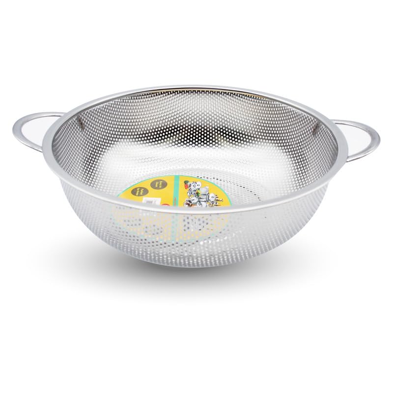 STL Steel Colander with Double Handles 28.5cm, Micro-Perforated for Draining Pasta, Rice, Fruits, Vegetables, Dishwasher Safe Kitchen Strainer, Metal Food Filter, Easy to Clean and Durable