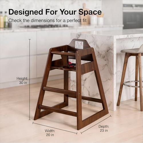 Image of Dark Brown Wooden Restaurant High Chair - Stackable Rubberwood Dining Chair with Safety Bar, Easy-Clean Finish, Commercial Restaurant Seating