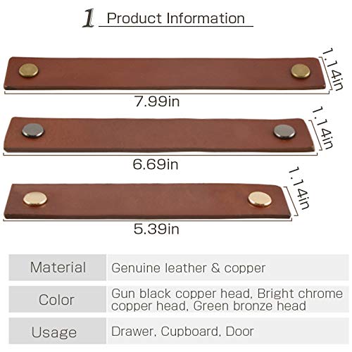 Wingoffly® 2Pcs Genuine Leather Drawer Pulls Wardrobe Cabinet Knobs With Screw(Golden Copper Head/Hole Distance:6.30") #TOP1