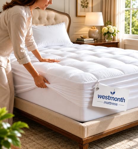 Westmonth Mattress Pad Premium Quilted 1000gsm Luxury Extra Thick Mattress Topper Store Mattress Topper Deep Pocket Pillow Top Breathable & Fluffy Soft for Queen King&Cal King Size (White Queen)