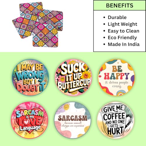 Image of Zesta Coasters for Cups Set of 6 / Wooden Coasters for Bar Accessories for Home /Tea Coaster Set of 6 / Waterproof Dining Table Decor Glass Cover (Sarcastic, Circle)
