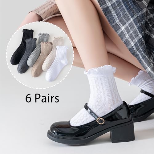 Mcool Mary Womens Ruffle Socks Crew Casual Cotton Frilly Breathable Cute Knit Lettuce Dress Ankle Socks 6 Pack2
