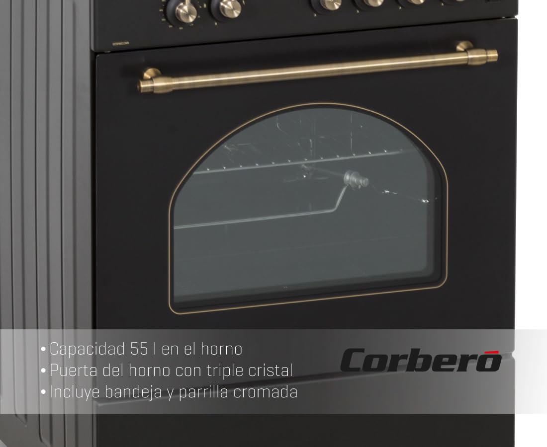 Corberó - Cocina de Gas Butano Excellence 60cm | CCSF6022NR | 4 Fuegos | Horno 55L con puerta triple cristal| Función Ruste pollos | Tapa Fogones Cristal| Wok con Quemado| Negro Rústica