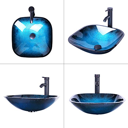Eclife 14" Bathroom Vanity And Sink Combo Black Small Vanity Ocean Blue Square Tempered Glass Vessel Sink & 1.5 Gpm Water Save Faucet & Solid Brass Pop Up Drain (A04B08) #TOP5