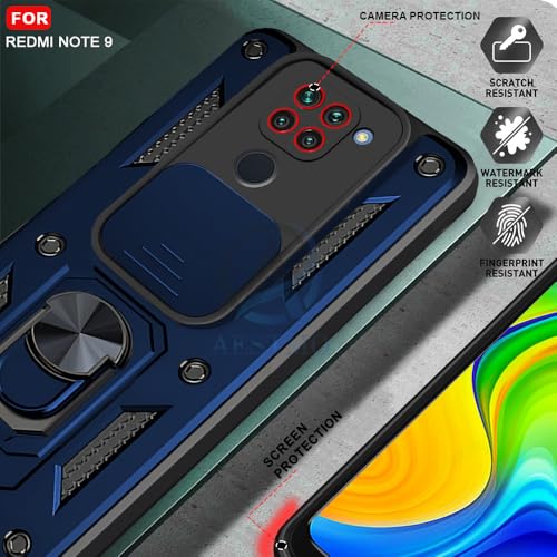 Image of AESTMO Tough Armor Redmi Note 9 Bumper Back Case Cover | Ring Holder & Sliding Camera Shield Cover | 360 Degree Protection Back Case Cover for Redmi Note 9 (Blue)