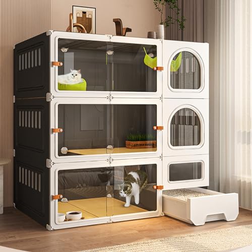 GHKFEJGDEN キャットケージ 屋内用、チンチラケージ キャットエンクロージャ Diy Cat Playpen Hd 透明 新しくアップグレードされたスライドドア 組み立て簡単、1-2匹の子猫に最適(カラー:ブラック、サイズ:106 x 46 x 1