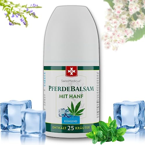 SwissMedicus Pferdebalsam - El bálsamo de caballo con сannabis para alivio el dolor, crema de masaje para músсulos y ligаmentos con 25 extractos de plantas naturales - con сáñamo Refresco, 90 ml
