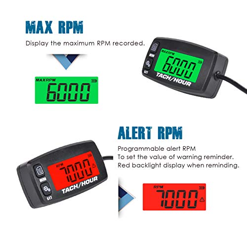 Runleader HM032R Inductive Tachometer Digital Tach Hour Meter Backlit Flash Alert Service Alarms for Gasoline Engine Chainsaw ATV UTV Dirtbike Motobike Motocycle Outboards Snowmobile Marine Boat