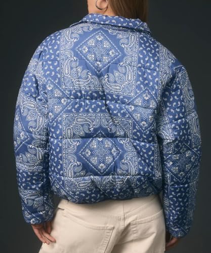 D-Sun Women's Cropped Puffer Quilted Jacket Floral Print Oversized Zip Puffer Jacket Open Front Coat Outerwear With Pockets3