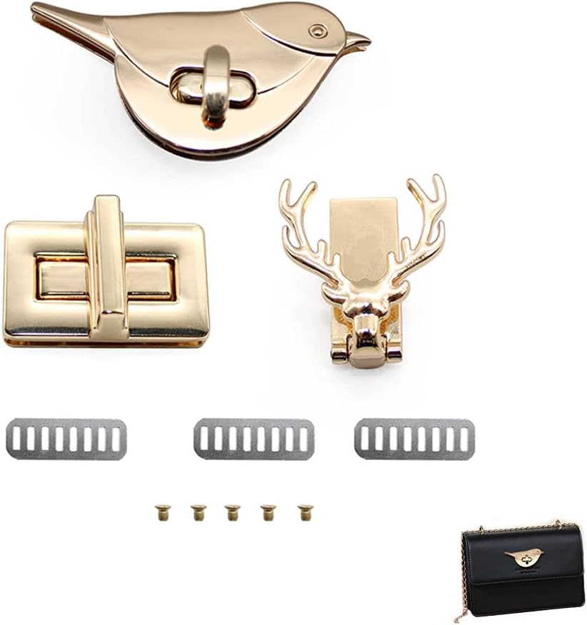 Artisan-SH 3 Pcs Turn Locks Clasp Purse Thumb Lock Bag Making Hardware- Cute Bird, Antler, Square Buckle Shape, Used for Purse and Handbag Decoration Buckle Bag Making Supplies