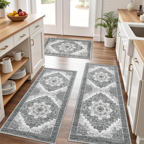 Tritard 100% Non Slip Kitchen Rugs Sets of 3 Washable Boho Kitchen Mats for Floor Vintage Farmhouse Kitchen Rug Soft Runner Rug for Hallway, Laundry Room, Indoor Entryway, Grey2