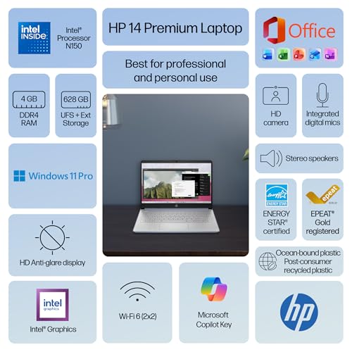 Image of HP Flagship 14 inch Laptop Computer for 2026 Business Student with Office Suite, Copilot AI, Intel Quad-Core CPU, 4GB RAM, 628GB Storage (128GB UFS+500GB Ext), Wi-Fi 6, HubxcelAccs, Win 11 Pro, Sky Blue