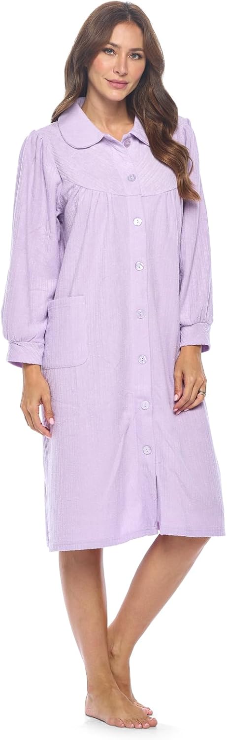 Casual Nights Women's Button Front Jacquard Terry Fleece Lounger Robe with Pockets