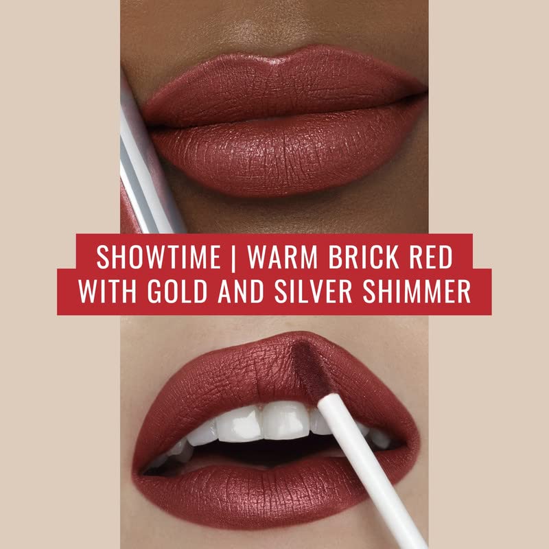 Miniatura 3 de Runway Rogue Pearl Glam - Lápiz labial líquido brillante de larga duración, lápiz labial rojo ladrillo cálido con brillo plateado y dorado,