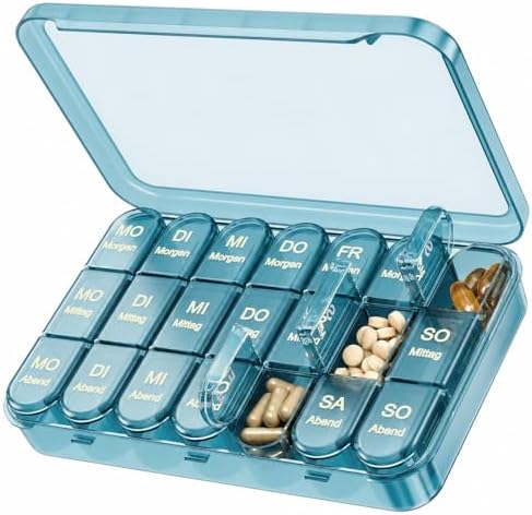 Daviky Tablettenbox 7 Tage 3 Fächer, Leicht öffnbare Medikamentenbox | Morgens Mittags Abends,Auffälliges Etikett,Große Kapazität,Auslaufsicher,Fest schließender Deckel,Modernes De