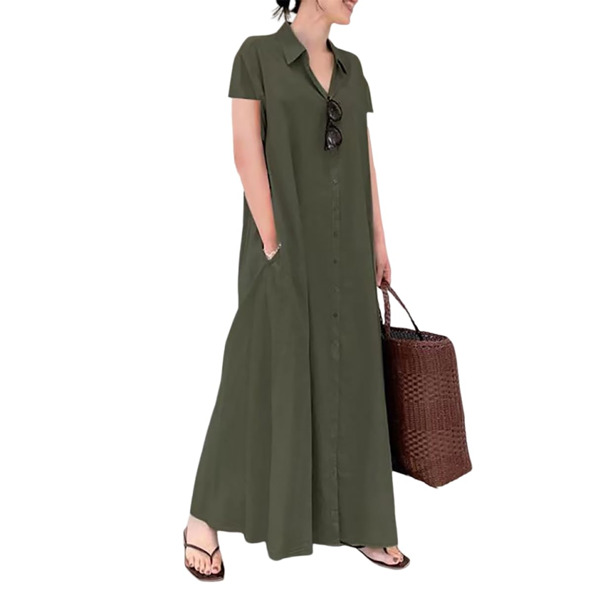 Women's Cotton Button Down Shirt Dress Casual Summer Collared Short Sleeve Vacation Maxi Dress with Pockets