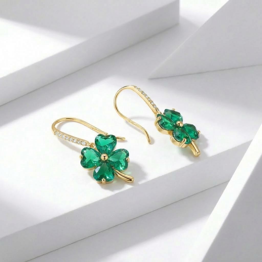 Reffeer Solid 925 Sterling Silver CZ Clover Leaf Earrings Drops for Women Teens Shamrock Earrings Drops Green St Patrick’s Day