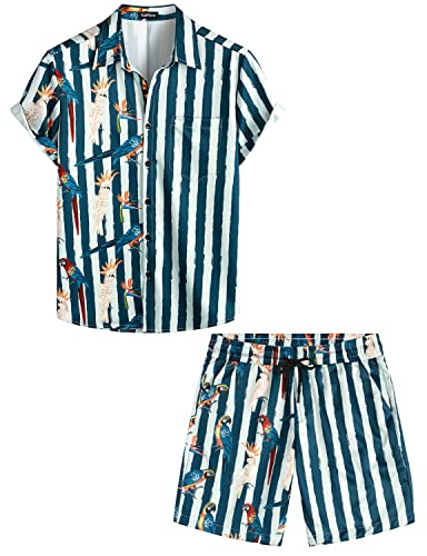 VATPAVE Mens Flamingo Hawaiian Sets Casual Short Sleeve Button Down Shirts Summer Outfits Large Navy Parrot Shirt and Shorts