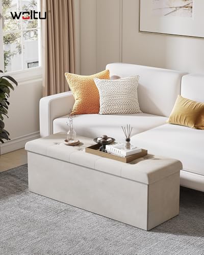 WOLTU Sitzbank mit Stauraum 110 cm, Truhe mit Stauraum 118 L faltbar, Sitztruhe Sitzbox Aufbewahrungsbox klappbar, Bettbank Schlafzimmer, belastbar bis 300 kg, aus Samt, Cremeweiß