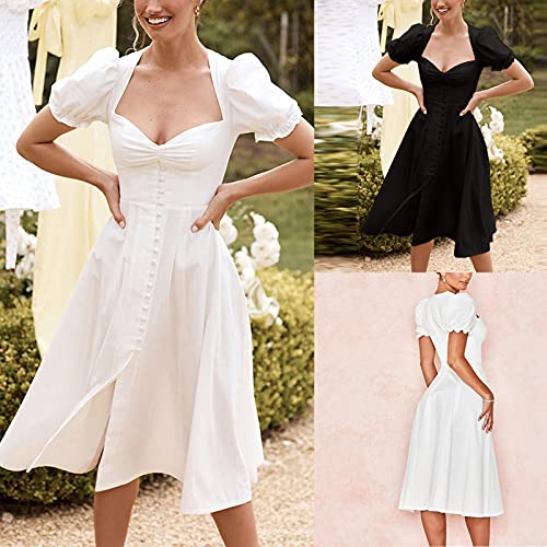 Niuqi Womens Elegant Summer Chiffon Dresses Solid Color Sweetheart Neckline Button Down Zipper Back Midi Dress #TOP5