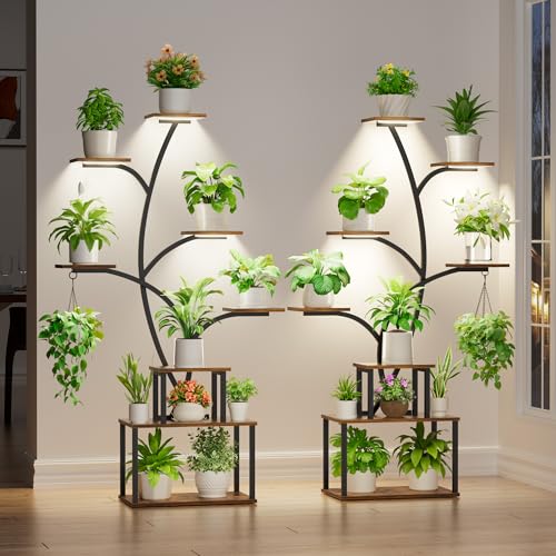Image of Plant Stand Indoor with Grow Lights - Large Plant Shelf Indoor, 63 inch 8 Tier Tall Plant Stands for Multiple Plants, 2 Pack Lighted Corner Flower Shelf, Tree-Shaped Metal Holder for Living Room, Black
