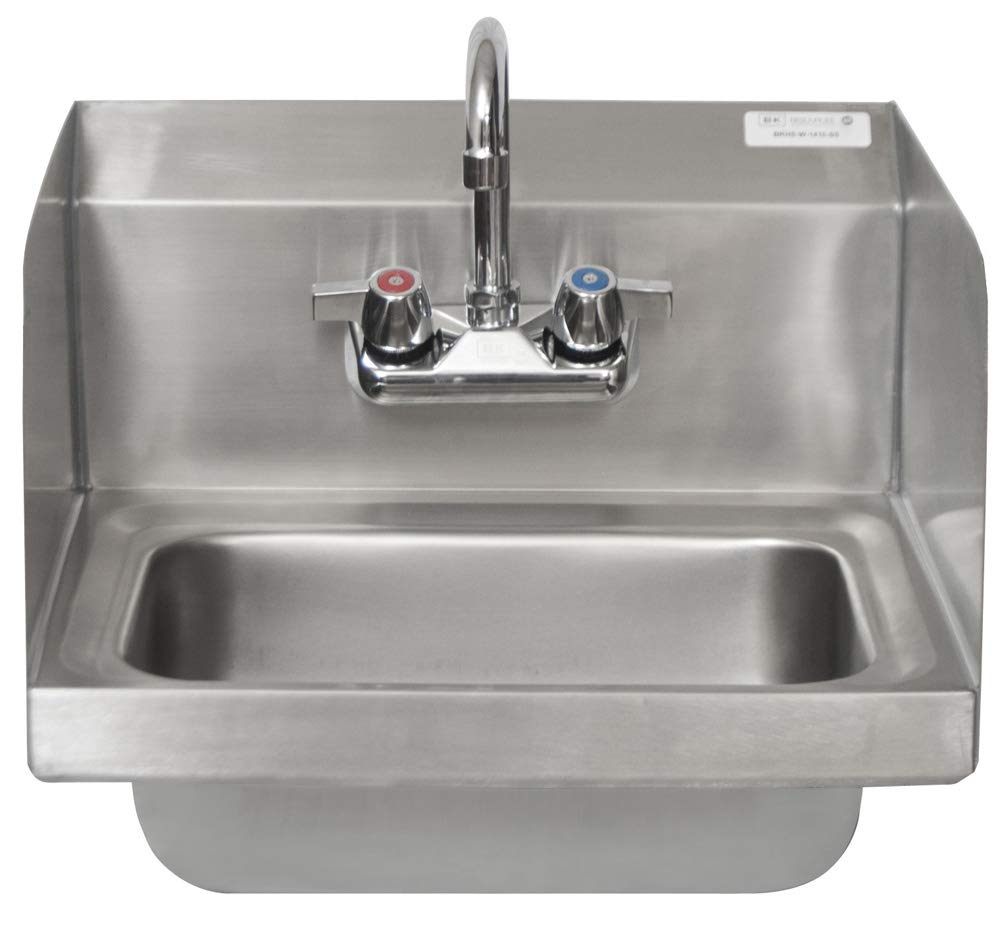 BK Resources BKHS-W-1410-P-G Wall Mount Stainless Steel Hand Sink with 4" On Center Splash Mount 3.5" Gooseneck Faucet, 14" Wide x 10" Front-to-Back x 5" Deep Bowl