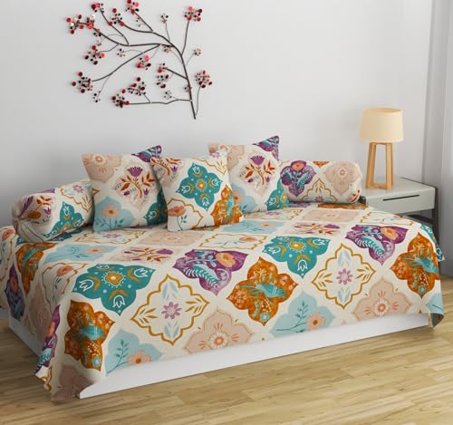 Image of Supersoft 8 Piece Diwan Set 1 Bed Sheet 2 Bolster Cover 5 pcs Cushion Cover (Multicolor)
