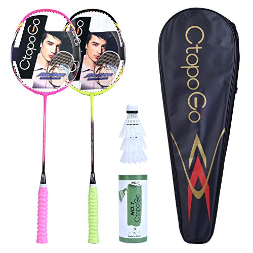 2 Pack 2 Players Badminton Rackets | Durable Super Lightweight 3 Nylon Shuttlecocks and 1 Carrying Bag Badminton Racquet Set (Yellow+Pink) 2 Pack 2 Players Badminton Rackets | Durable Super Lightweight 3 Nylon Shuttlecocks and 1 Carrying Bag Badminton Racquet Set (Yellow+Pink)