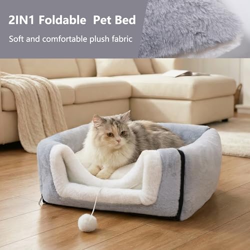 Cat Bed for Indoor Cats,Foldable cat cave,Anti-Slip & Water-Resistant Bottom,cat Houses for Indoor Cats or Small Dogs, Kitten Tent, Rabbit Bed,2 in 1 pet Bed (Grey) - Image 4