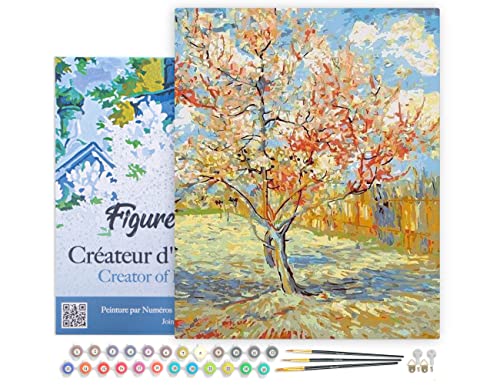 Figured'Art Peinture par Numéro Adulte avec Cadre Van Gogh Pêcher - Activité Manuelle Kit de Loisir Créatif DIY Numéro d'Art Complet - 40x50cm toile tendue sur châssis