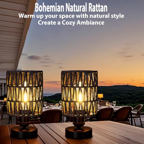 ALL FORTUNE Boho Cordless Table Lamps – Dimmable Rattan Set - Image 6