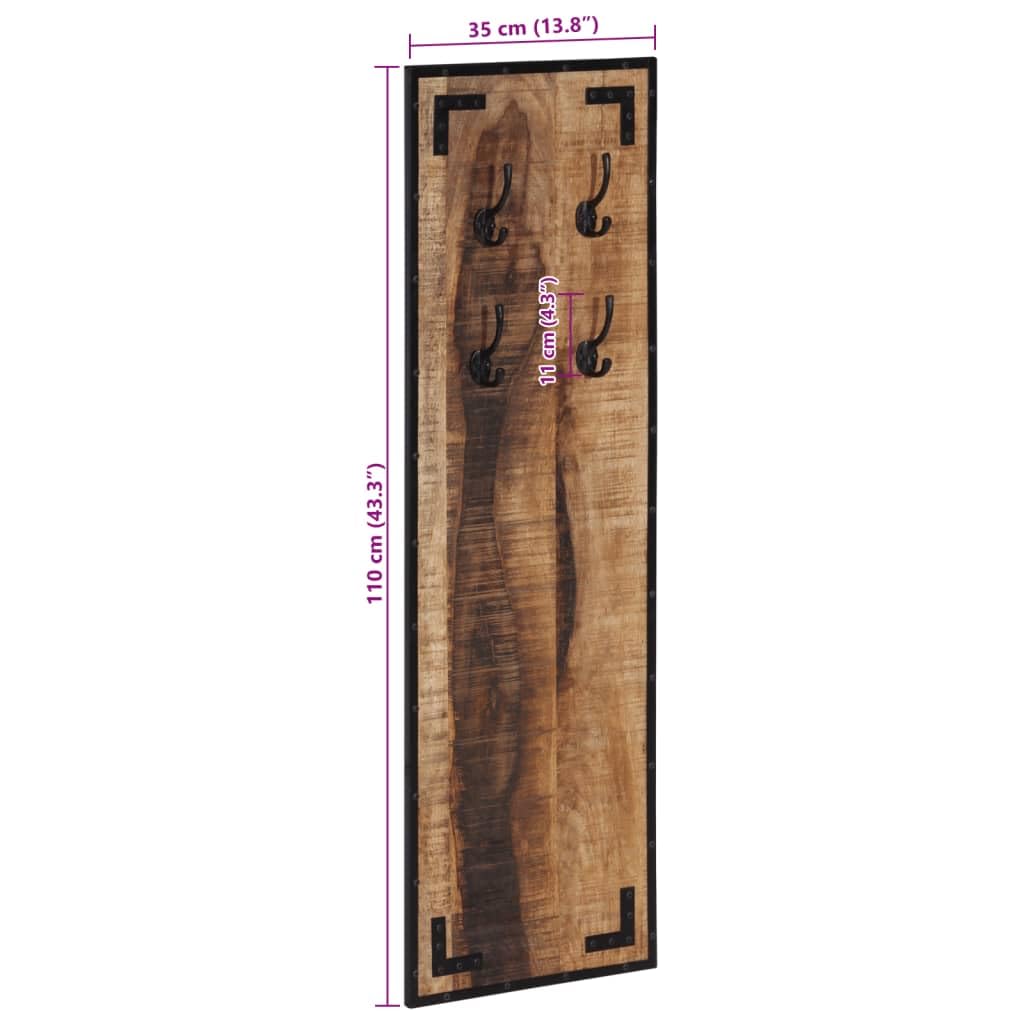 Wieszak ścienny z litego drewna mango 110 x 35 cm, garderoba do przedpokoju z 4 haczykami, styl przemysłowy, wieszak na ubrania do korytarza, sypialni, rustykalny panel garderobiany