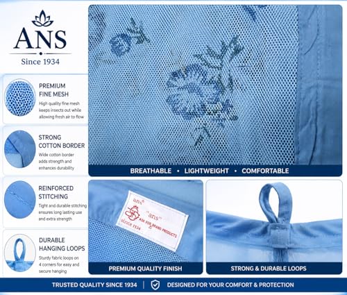 Image of ANS Hanging Mosquito Net for Single Bed, Sky Blue Floral Print with Cotton Border, Breathable Free Air Flow Fine Mesh, Washable Bed Mosquito Net, Insect Protection Net, 4 x 6.5 ft, Height 5 ft
