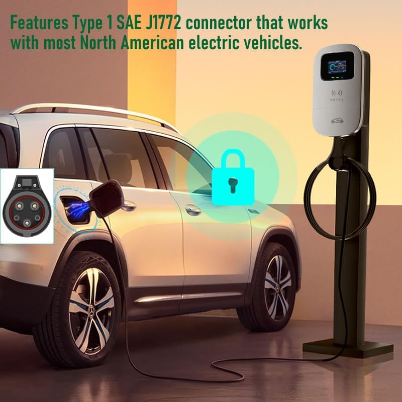 Image of Smart EV Level 2 Charger, Electric Vehicle Charging Station Hardwired 110-240V 32A Type 2 Home Charger with LCD Display,