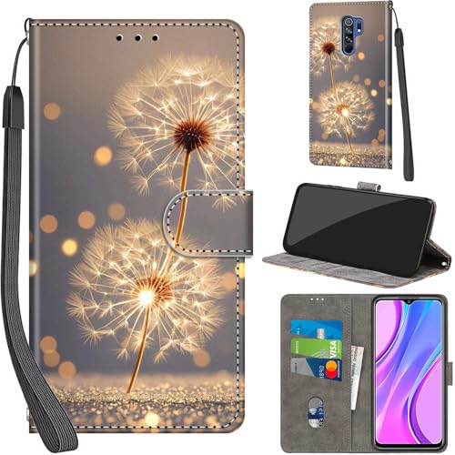 PHINIENLAND Cover per Xiaomi Redmi 9 Case PU Pelle Custodia [Kickstand] [Chiusura magnetica] [Slot per Schede], Portafoglio Flip Custodia per Xiaomi Poco M2,Dente di leone