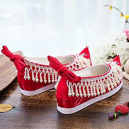 Women Cotton Fabric Embroidered Flat Platforms with Pearls Pendants Vintage Chinese Style Red Wedding Bridal Shoes (Color : Red, Size : 9 Code) (Red 6 Code)3
