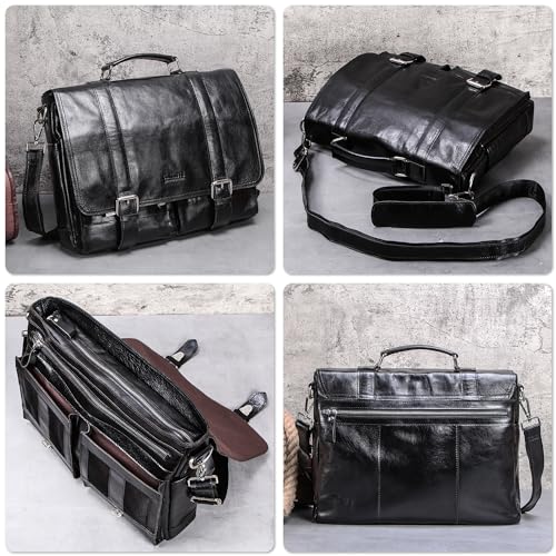 Image of Top Grain Leather 14.2 inch Laptop Briefcase Crossbody Handbag, Vintage Design & Multi Pockets, Fits to MacBook Pro /Air 14 inch /13.3 inch /13.6 inch 2021 2022 M1 Pro /M1 Max & A4 /A5 Paper, Black 14.2 Inch