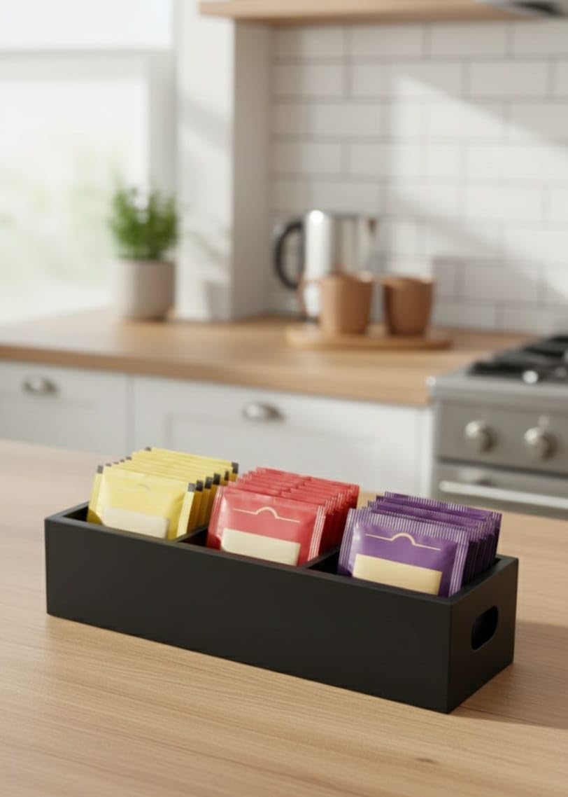 MDF Compact Tea Box - 6 Divided Sections - Holder for Tea Bags, Coffee, Packets, Sugar/Sweeteners and Small Packets - Natural, Pack of 1 (3 colom Black) Size 9.5 * 3 * 2.5 inch