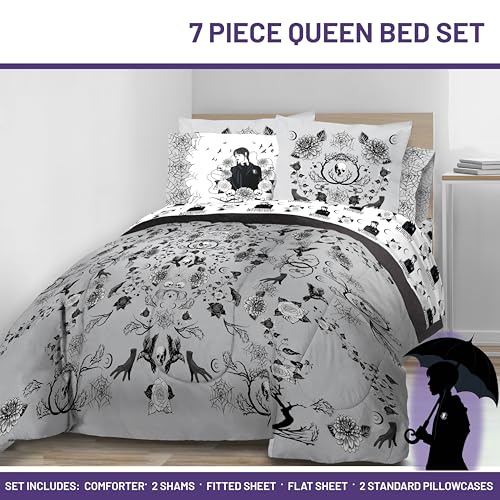 Image of Wednesday Addams Queen Comforter Set 7 Piece Floral Bedding for Girls, Gray