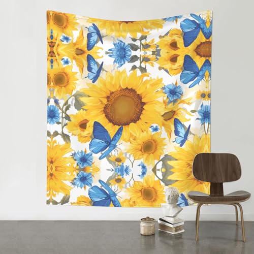 Tapisserie murale tournesols jaunes aux détails de papillons bleus
